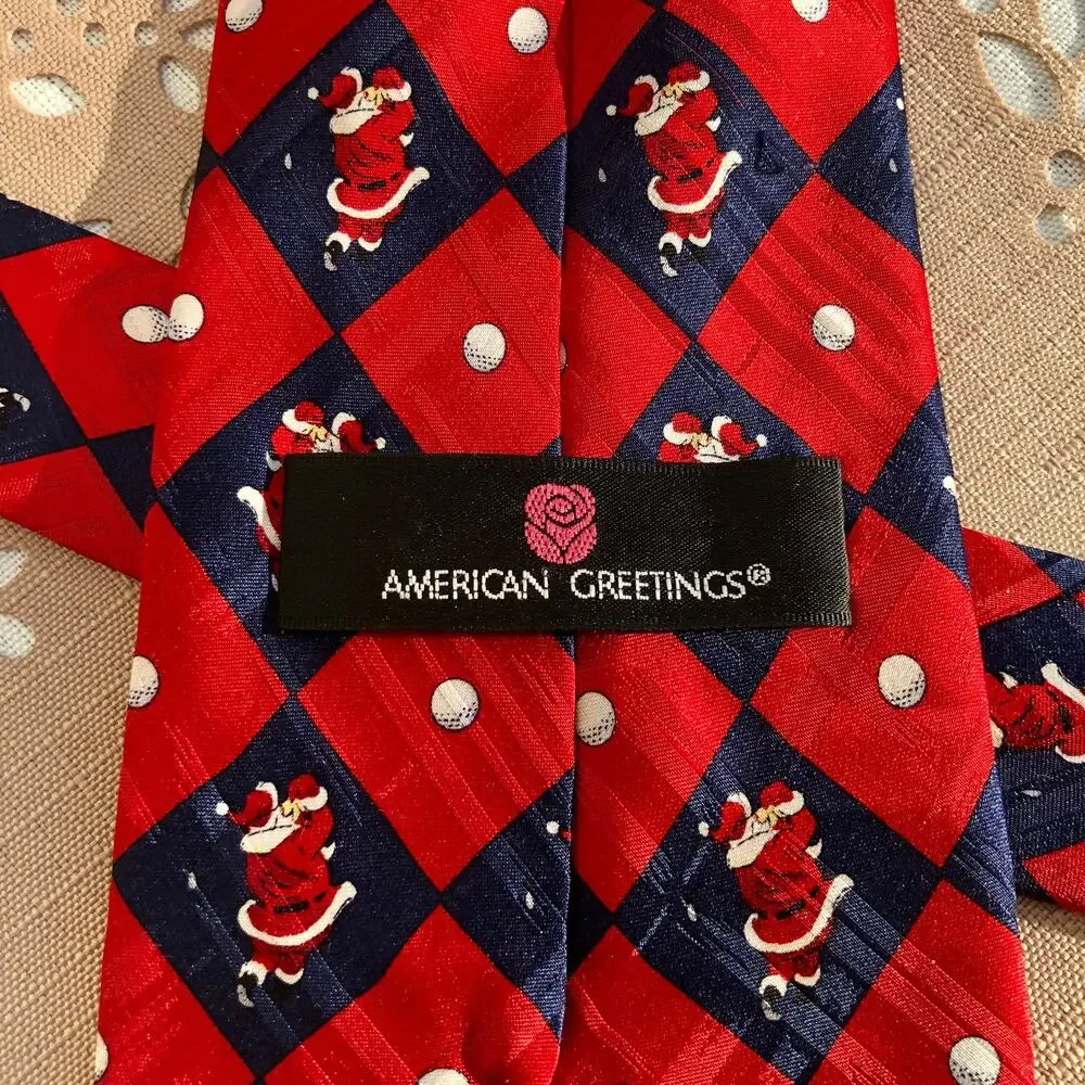 American Greetings Vintage Santa Golf Swing Print Silk Necktie